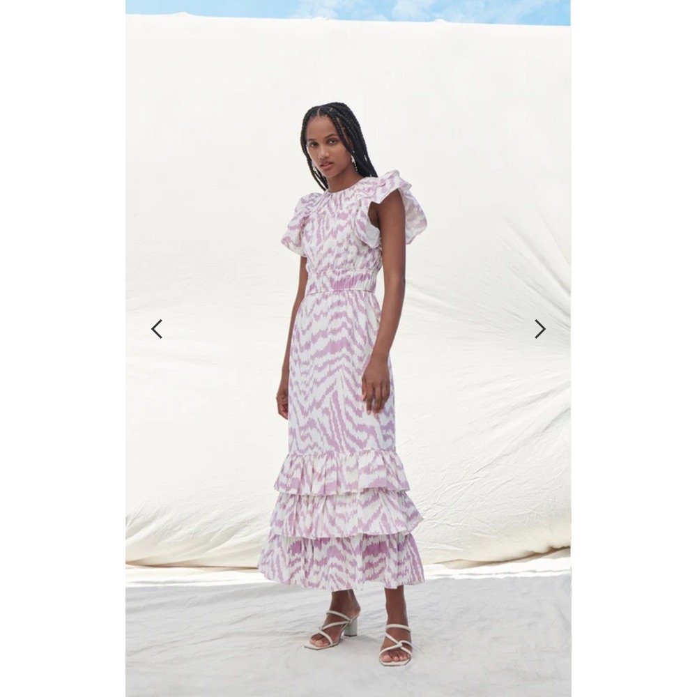 SAYLOR Zenith Ikat Maxi Midi Dress In Lavender Cotton Ruffle Sleeve Size Small
